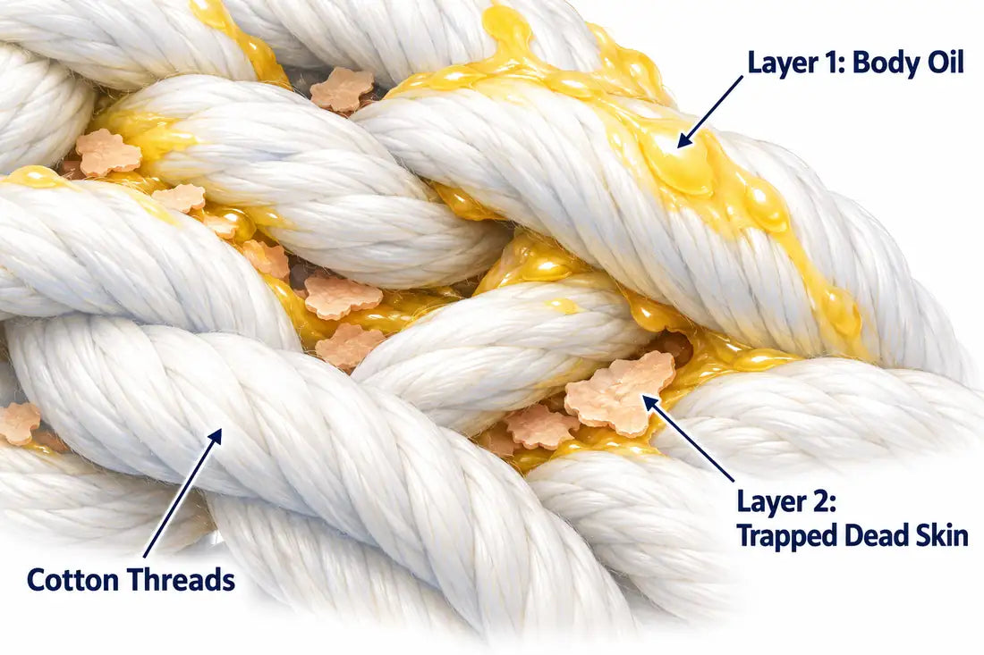 Cotton threads showing Layer 1 body oil and Layer 2 trapped dead skin